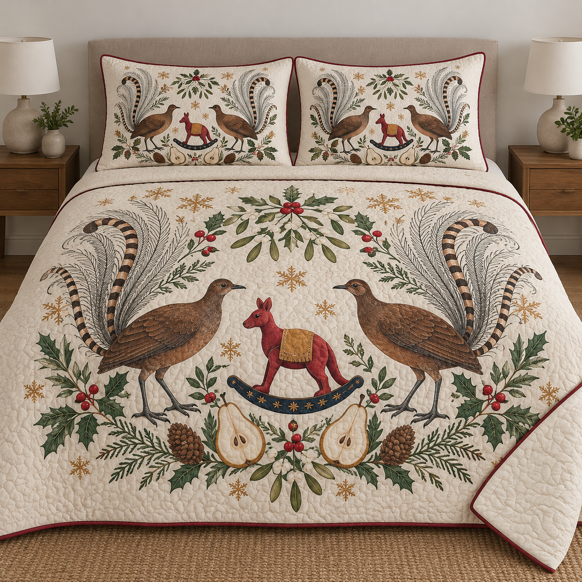 Two illustrated superb lyrebirds frame a cranberry toy rocking kangaroo with navy rocker and ochre saddle, with pear halves, cedar cones, holly, mistletoe and ochre snowflakes on ivory. Flat printed Christmas artwork with cranberry binding. Includes one quilt and two matching pillow shams. Visible sewn quilting and fabric drape.