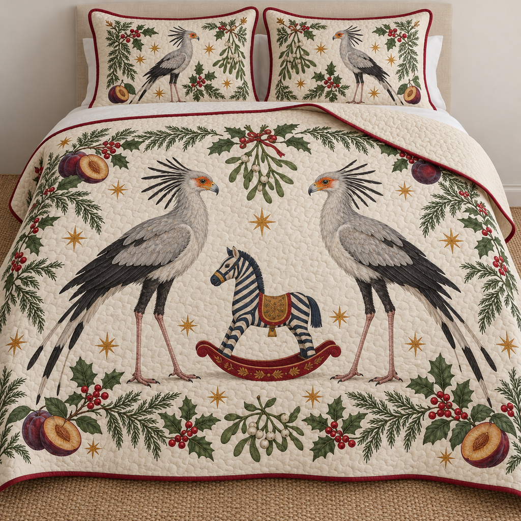 Two illustrated secretarybirds with black quill crests and long legs frame a navy toy rocking zebra with ochre saddle and cranberry rockers, plum halves, cedar, holly, mistletoe and ochre stars on ivory with cranberry binding. Flat printed Christmas artwork. Includes one quilt and two matching pillow shams. Visible sewn quilt channels, shallow filling and natural fabric drape.
