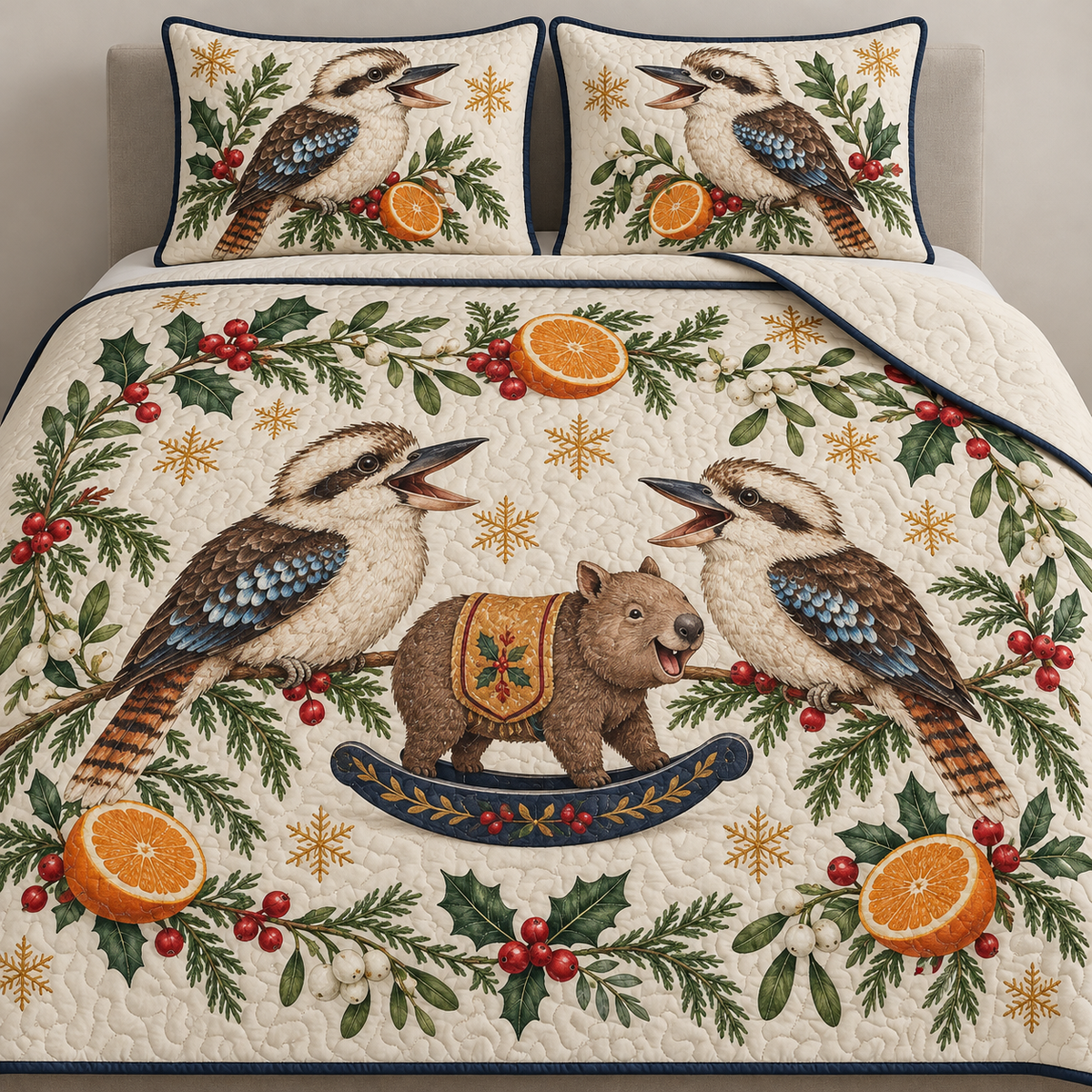 Two illustrated laughing kookaburras with broad bills and barred tails frame a brown toy rocking wombat with ochre saddle and navy rocker, orange halves, cedar, holly, mistletoe and ochre snowflakes on ivory with navy binding. Flat printed Christmas artwork. Includes one quilt and two matching pillow shams. Visible sewn quilt channels, shallow filling and natural fabric drape.
