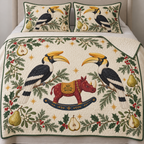 Two illustrated great hornbills with curved yellow bills and casques frame a cranberry toy rocking rhinoceros with ochre saddle and navy rocker, pear halves, cedar, holly, mistletoe and ochre stars on ivory with green binding. Flat printed Christmas artwork. Includes one quilt and two matching pillow shams. Visible sewn quilt channels, shallow filling and natural fabric drape.