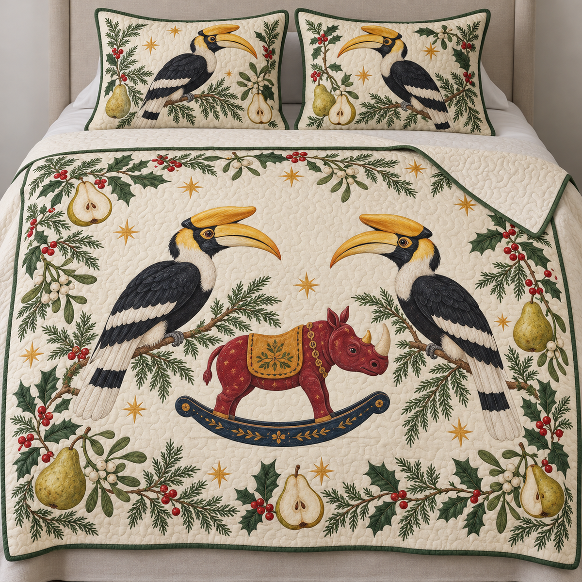 Two illustrated great hornbills with curved yellow bills and casques frame a cranberry toy rocking rhinoceros with ochre saddle and navy rocker, pear halves, cedar, holly, mistletoe and ochre stars on ivory with green binding. Flat printed Christmas artwork. Includes one quilt and two matching pillow shams. Visible sewn quilt channels, shallow filling and natural fabric drape.