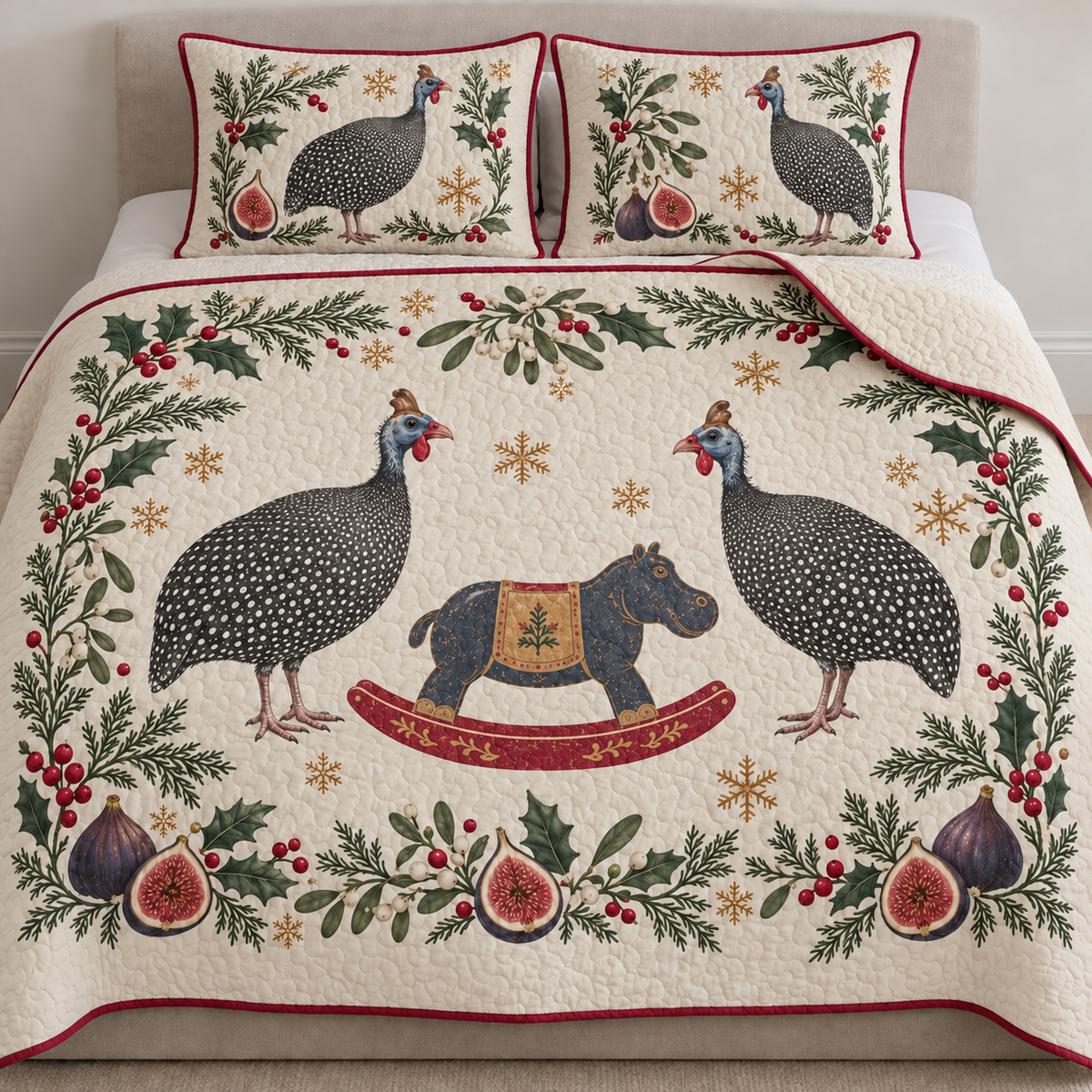Two illustrated helmeted guineafowl with white-spotted charcoal bodies and blue heads frame a navy toy rocking hippopotamus with ochre saddle and cranberry rocker, fig halves, cedar, holly, mistletoe and ochre snowflakes on ivory with cranberry binding. Flat printed Christmas artwork. Includes one quilt and two matching pillow shams. Visible sewn quilt channels, shallow filling and natural fabric drape.