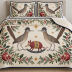 Two illustrated greater roadrunners with shaggy crests and long tails frame a cranberry toy rocking armadillo with ochre saddle and navy rocker, pomegranate halves, cedar, holly, mistletoe and ochre stars on ivory with navy binding. Flat printed Christmas artwork. Includes one quilt and two matching pillow shams. Visible sewn quilt channels, shallow filling and natural fabric drape.