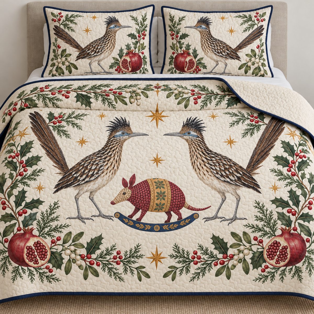 Two illustrated greater roadrunners with shaggy crests and long tails frame a cranberry toy rocking armadillo with ochre saddle and navy rocker, pomegranate halves, cedar, holly, mistletoe and ochre stars on ivory with navy binding. Flat printed Christmas artwork. Includes one quilt and two matching pillow shams. Visible sewn quilt channels, shallow filling and natural fabric drape.
