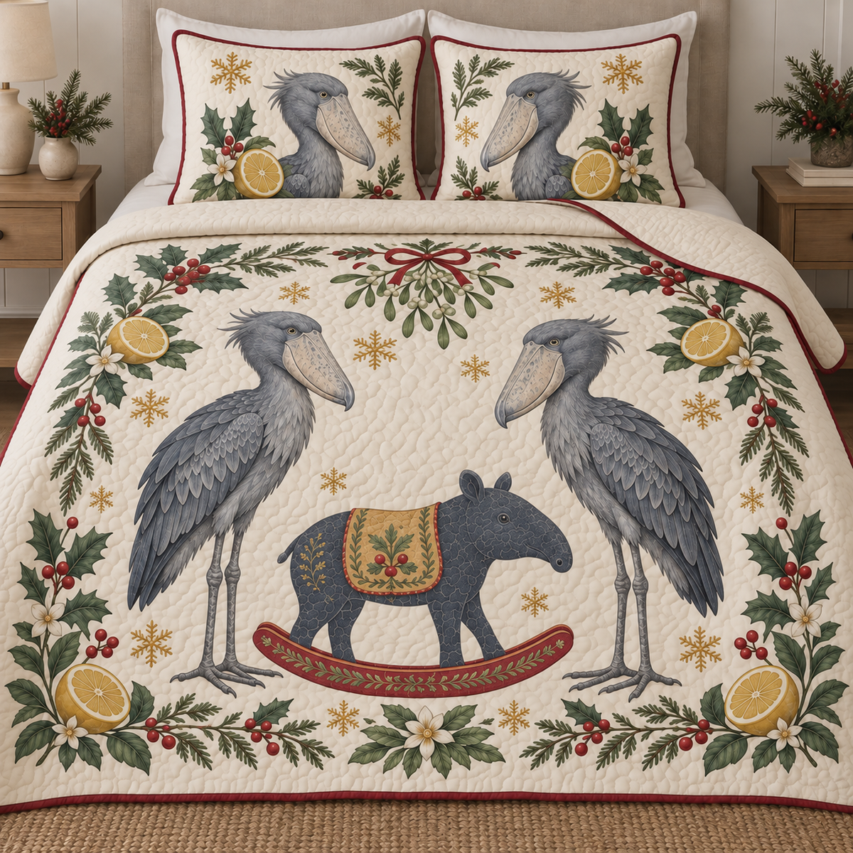Two illustrated slate-gray shoebills with broad shoe-shaped bills frame a navy toy rocking tapir with ochre saddle and cranberry rocker, lemon halves, cedar, holly, mistletoe and ochre snowflakes on ivory with cranberry binding. Flat printed Christmas artwork. Includes one quilt and two matching pillow shams. Visible sewn quilt channels, shallow filling and natural fabric drape.