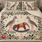 Two illustrated red-legged seriemas with shaggy forehead crests and red bills frame a cranberry toy rocking anteater with ochre saddle and navy rocker, apple halves, cedar, holly, mistletoe and ochre stars on ivory with green binding. Flat printed Christmas artwork. Includes one quilt and two matching pillow shams. Visible sewn quilt channels, shallow filling and natural fabric drape.