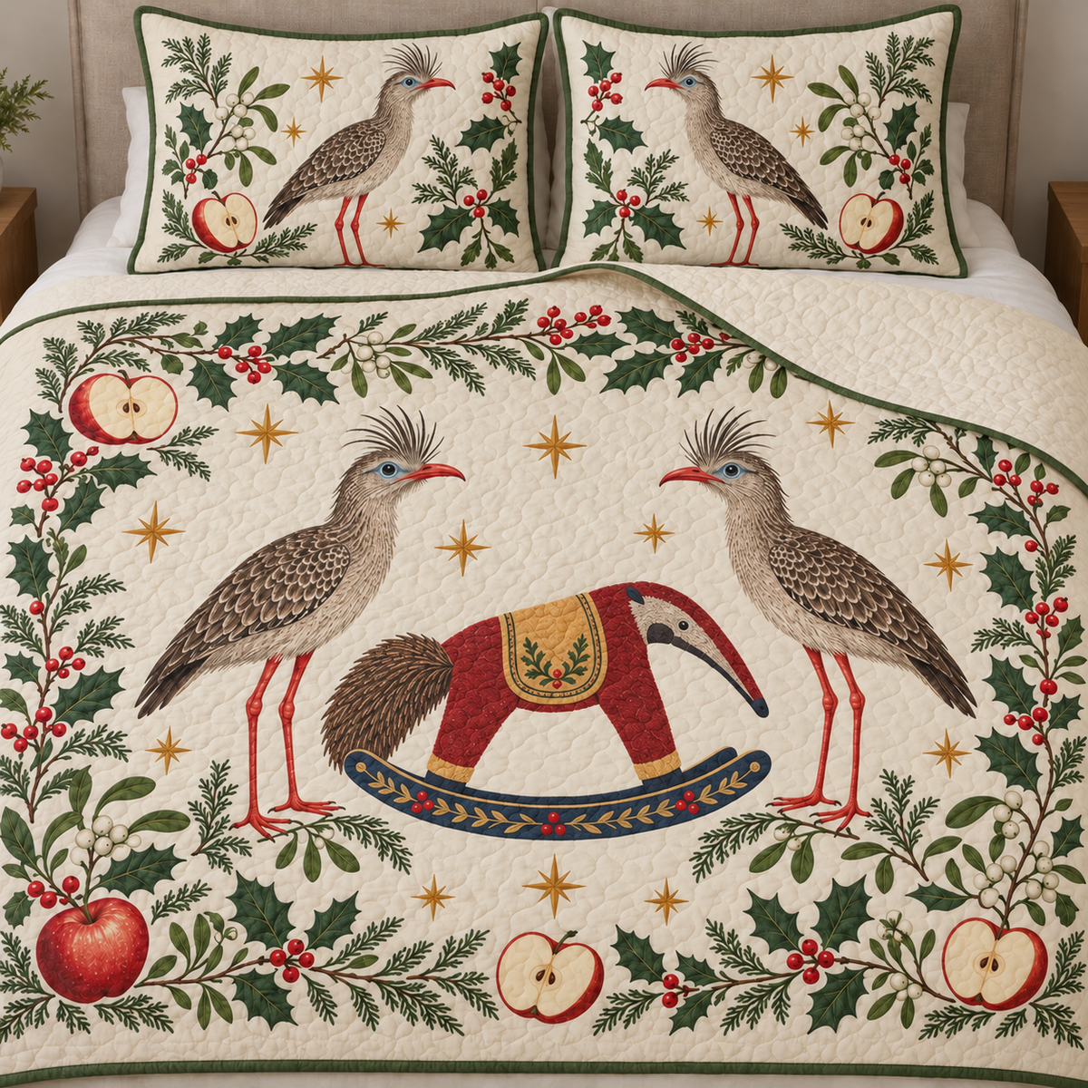 Two illustrated red-legged seriemas with shaggy forehead crests and red bills frame a cranberry toy rocking anteater with ochre saddle and navy rocker, apple halves, cedar, holly, mistletoe and ochre stars on ivory with green binding. Flat printed Christmas artwork. Includes one quilt and two matching pillow shams. Visible sewn quilt channels, shallow filling and natural fabric drape.