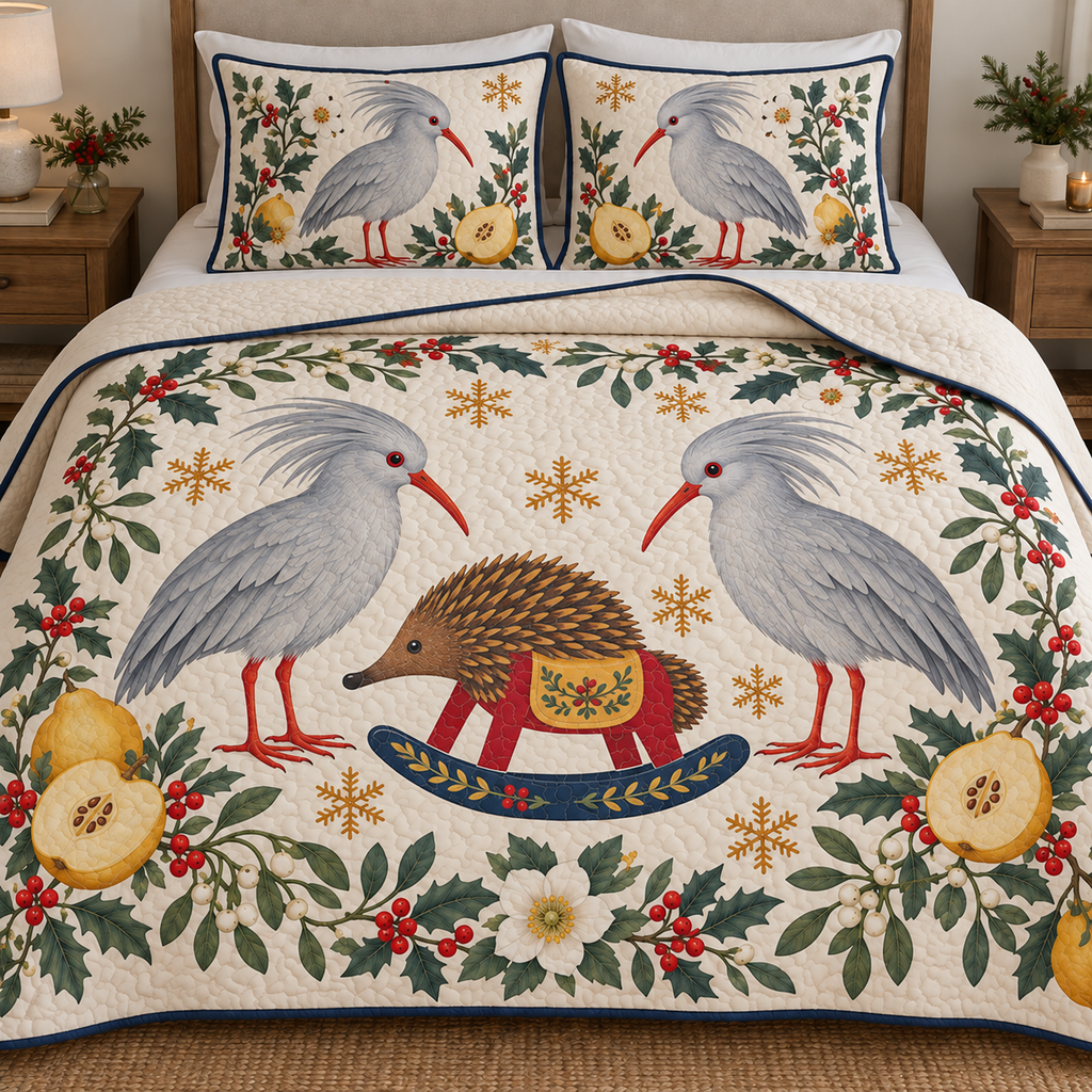 Two illustrated ash-gray kagus with swept-back crests and red-orange bills and legs frame a cranberry toy rocking echidna with ochre saddle and navy rocker, quince halves, cedar, holly, mistletoe and ochre snowflakes on ivory with navy binding. Flat printed Christmas artwork. Includes one quilt and two matching pillow shams. Visible sewn quilt channels, shallow filling and natural fabric drape.