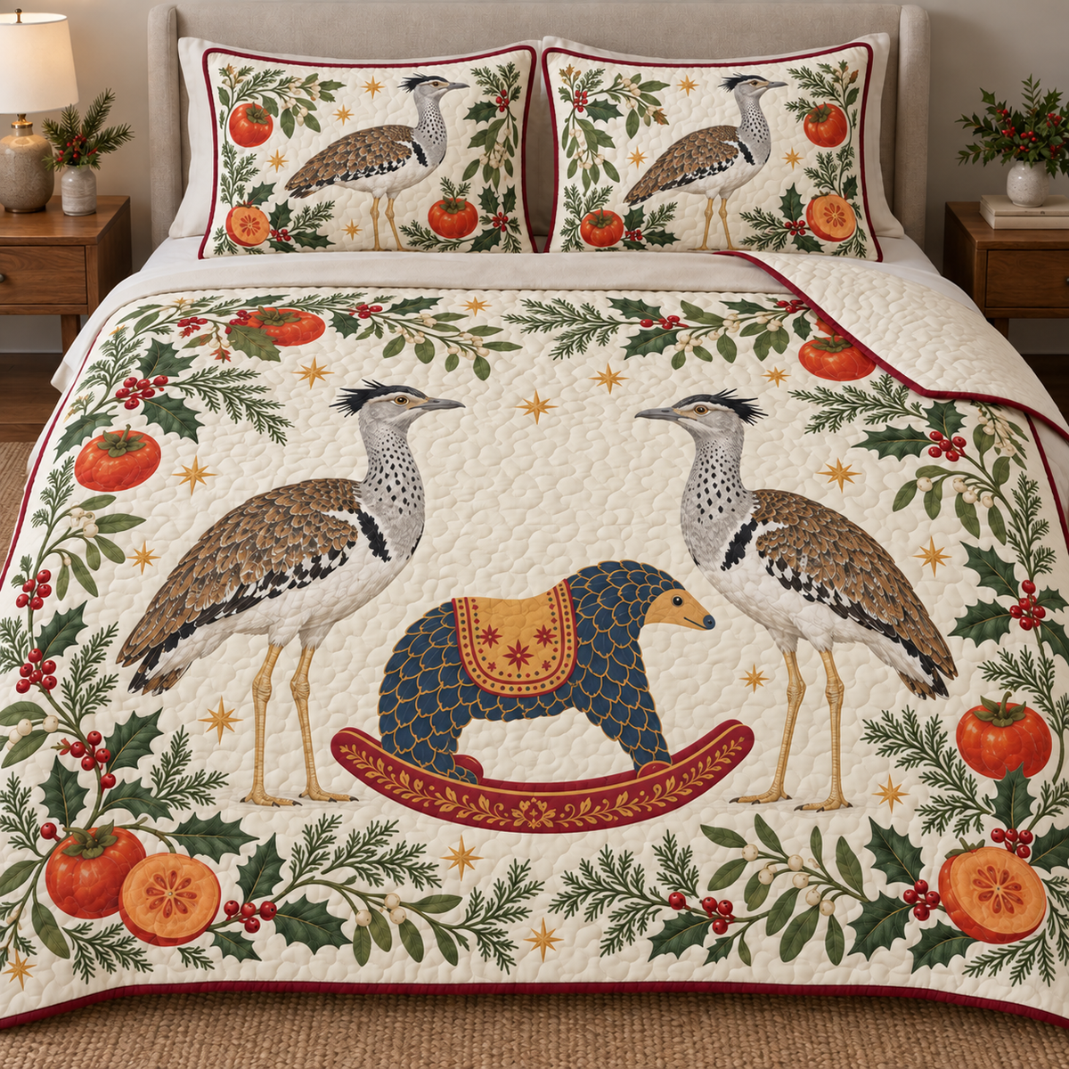Two illustrated kori bustards with mottled brown backs and speckled gray necks frame a navy toy rocking pangolin with ochre saddle and cranberry rocker, persimmon halves, cedar, holly, mistletoe and ochre stars on ivory with cranberry binding. Flat printed Christmas artwork. Includes one quilt and two matching pillow shams. Visible sewn quilt channels, shallow filling and natural fabric drape.