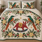 Two illustrated rufous-tailed jacamars with emerald backs and cinnamon bellies frame a cranberry toy rocking aardvark with ochre saddle and navy rocker, starfruit cross sections, cedar, holly, mistletoe and ochre stars on ivory with green binding. Flat printed Christmas artwork. Includes one quilt and two matching pillow shams. Visible sewn quilt channels, shallow filling and natural fabric drape.