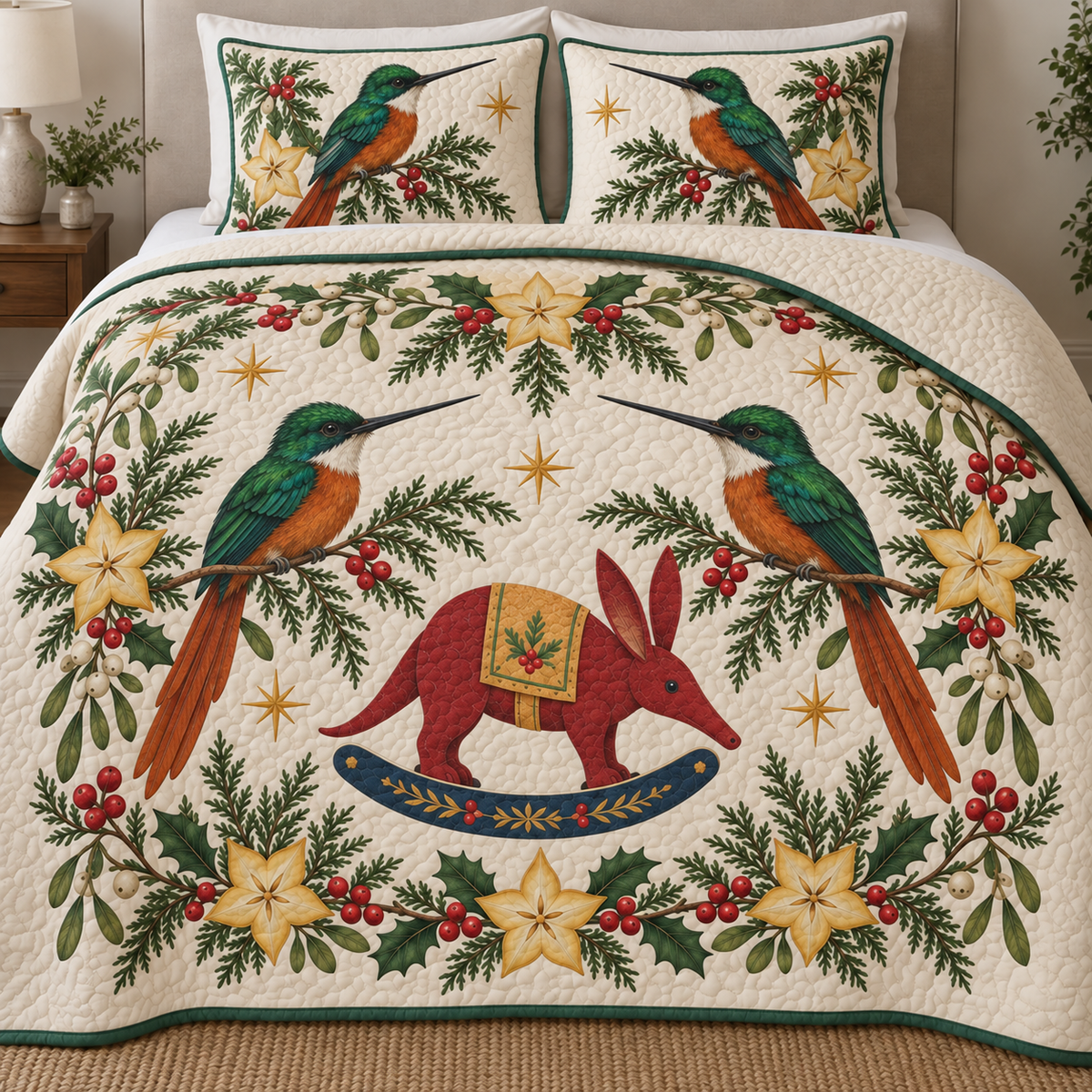 Two illustrated rufous-tailed jacamars with emerald backs and cinnamon bellies frame a cranberry toy rocking aardvark with ochre saddle and navy rocker, starfruit cross sections, cedar, holly, mistletoe and ochre stars on ivory with green binding. Flat printed Christmas artwork. Includes one quilt and two matching pillow shams. Visible sewn quilt channels, shallow filling and natural fabric drape.