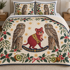 Two illustrated common potoos with mottled gray-brown plumage and large yellow eyes frame a cranberry toy rocking quokka with ochre saddle and navy rocker, kiwi halves, cedar, holly, mistletoe and ochre snowflakes on ivory with navy binding. Flat printed Christmas artwork. Includes one quilt and two matching pillow shams. Visible sewn quilt channels, shallow filling and natural fabric drape.