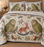 Two illustrated moss-green kakapo parrots with pale facial discs frame one cranberry toy rocking bilby with long pink-lined ears, pointed snout, ochre saddle and navy rocker, red apple halves, cedar, holly, mistletoe and ochre snowflakes on ivory with navy binding. Flat printed Christmas artwork. Includes one quilt and two matching pillow shams. Dense sewn quilting, shallow fill and natural fabric drape.