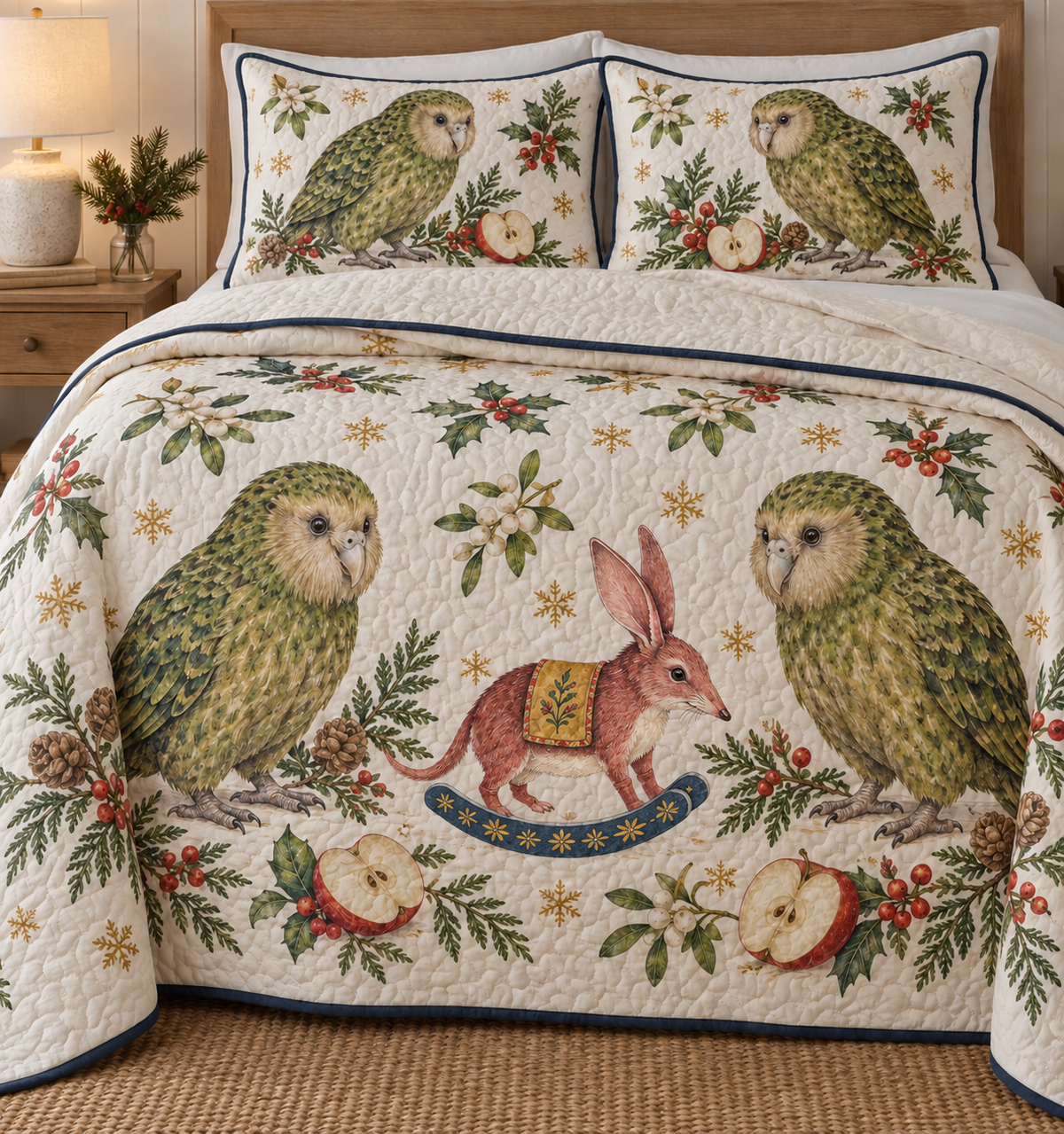 Two illustrated moss-green kakapo parrots with pale facial discs frame one cranberry toy rocking bilby with long pink-lined ears, pointed snout, ochre saddle and navy rocker, red apple halves, cedar, holly, mistletoe and ochre snowflakes on ivory with navy binding. Flat printed Christmas artwork. Includes one quilt and two matching pillow shams. Dense sewn quilting, shallow fill and natural fabric drape.