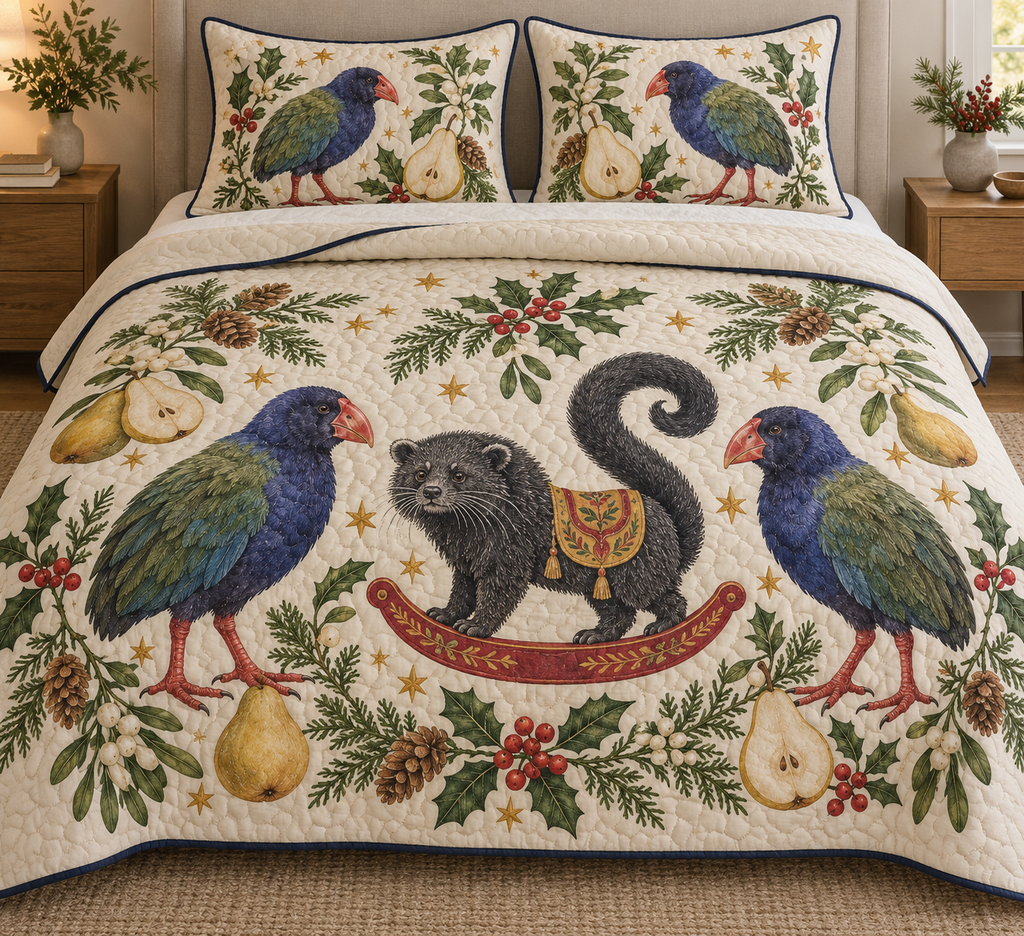Two illustrated takahe birds with cobalt-purple breasts, green wings, thick coral bills and red legs frame one charcoal toy rocking binturong with a shaggy charcoal face, curled tail, ochre saddle and cranberry rocker, pear halves, cedar, holly, mistletoe and ochre stars on ivory with navy binding. Flat printed Christmas artwork. Includes one quilt and two matching pillow shams. Dense sewn quilting, shallow fill and natural fabric drape.