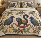 Two illustrated takahe birds with cobalt-purple breasts, green wings, thick coral bills and red legs frame one charcoal toy rocking binturong with a shaggy charcoal face, curled tail, ochre saddle and cranberry rocker, pear halves, cedar, holly, mistletoe and ochre stars on ivory with navy binding. Flat printed Christmas artwork. Includes one quilt and two matching pillow shams. Dense sewn quilting, shallow fill and natural fabric drape.