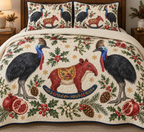 Two illustrated southern cassowaries with black plumage, blue necks, red wattles and brown casques frame one cranberry toy rocking tapir with a short trunk, ochre saddle and navy rocker, pomegranate halves, cedar, holly, mistletoe and ochre snowflakes on ivory with navy binding. Flat printed Christmas artwork. Includes one quilt and two matching pillow shams. Dense sewn quilting, shallow fill and natural fabric drape.