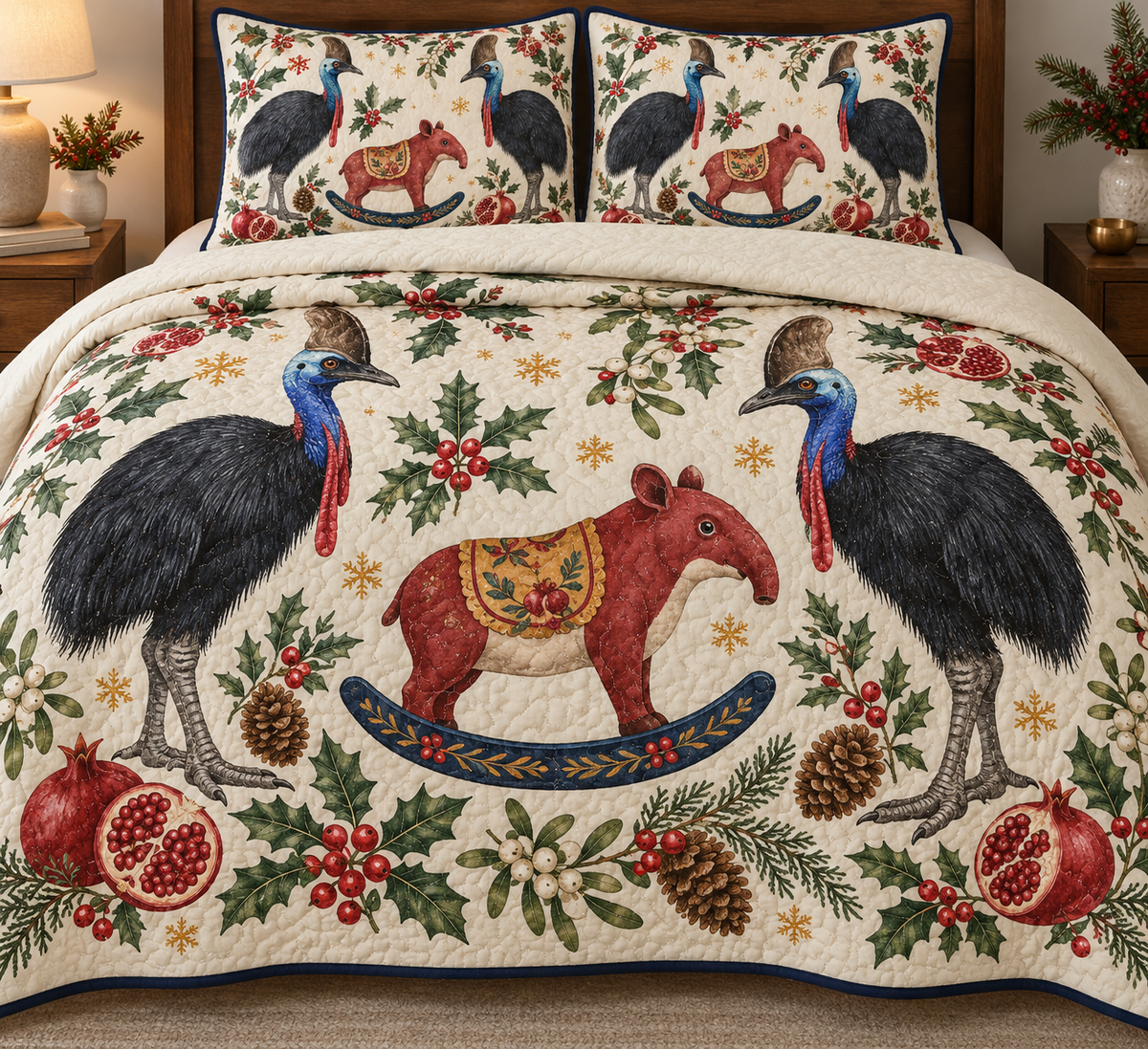Two illustrated southern cassowaries with black plumage, blue necks, red wattles and brown casques frame one cranberry toy rocking tapir with a short trunk, ochre saddle and navy rocker, pomegranate halves, cedar, holly, mistletoe and ochre snowflakes on ivory with navy binding. Flat printed Christmas artwork. Includes one quilt and two matching pillow shams. Dense sewn quilting, shallow fill and natural fabric drape.