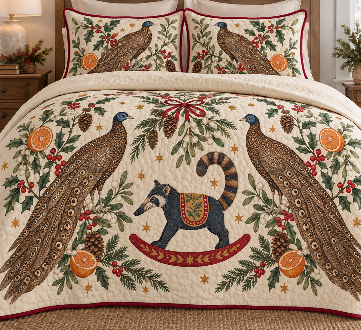 Two illustrated great argus pheasants with speckled brown plumage, blue heads, long tails and cream eye-spotted wing feathers frame one navy toy rocking coati with a pointed snout, ringed tail, ochre saddle and cranberry rocker, orange halves, cedar, holly, mistletoe and ochre stars on ivory with cranberry binding. Flat printed Christmas artwork. Includes one quilt and two matching pillow shams. Dense sewn quilting, shallow fill and natural fabric drape.