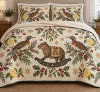 Two illustrated sungrebes with olive-brown backs, rusty necks, white cheek stripes and yellow bills frame one brown toy rocking agouti with a brown head, tiny ears, ochre saddle and navy rocker, lemon halves, cedar, holly, mistletoe and ochre snowflakes on ivory with forest-green binding. Flat printed Christmas artwork. Includes one quilt and two matching pillow shams. Dense sewn quilting, shallow fill and natural fabric drape.