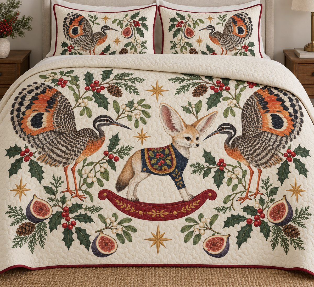 Two illustrated sunbitterns with striped heads, orange legs and spread eye-patched orange, black and cream wings frame one tan-and-ivory toy rocking fennec with a navy chest panel with oversized ears, an ivory face, navy saddle with ochre botanical detail and cranberry rocker, fig halves, cedar, holly, mistletoe and ochre stars on ivory with cranberry binding. Flat printed Christmas artwork. Includes one quilt and two matching pillow shams. Dense sewn quilting, shallow fill and natural fabric drape.