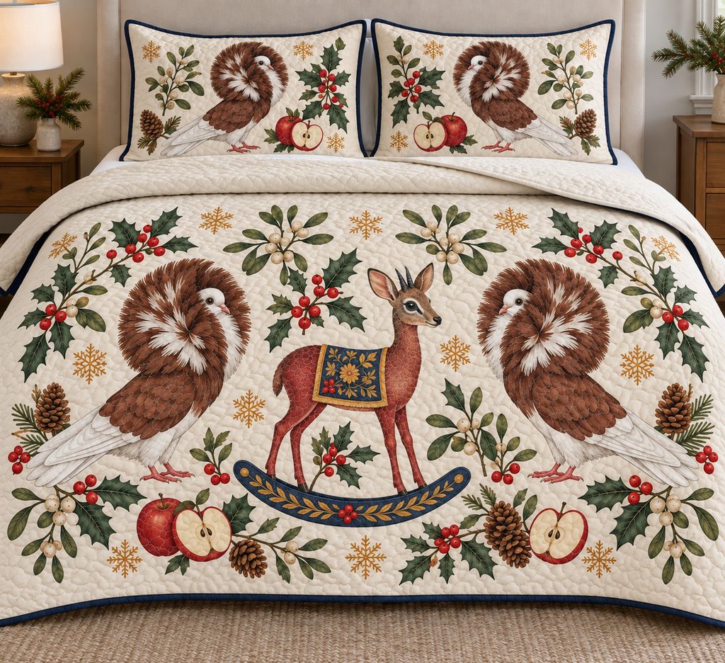 Two illustrated chestnut-and-white Jacobin pigeons with circular feather hoods, pale faces and pink feet frame one cranberry toy rocking dik-dik with tiny horns, large ears, a gray-brown face, navy saddle with ochre botanical detail and navy rocker, apple halves, cedar, holly, mistletoe and ochre snowflakes on ivory with navy binding. Flat printed Christmas artwork. Includes one quilt and two matching pillow shams. Dense sewn quilting, shallow fill and natural fabric drape.