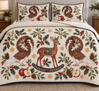 Two illustrated chestnut-and-white Jacobin pigeons with circular feather hoods, pale faces and pink feet frame one cranberry toy rocking dik-dik with tiny horns, large ears, a gray-brown face, navy saddle with ochre botanical detail and navy rocker, apple halves, cedar, holly, mistletoe and ochre snowflakes on ivory with navy binding. Flat printed Christmas artwork. Includes one quilt and two matching pillow shams. Dense sewn quilting, shallow fill and natural fabric drape.