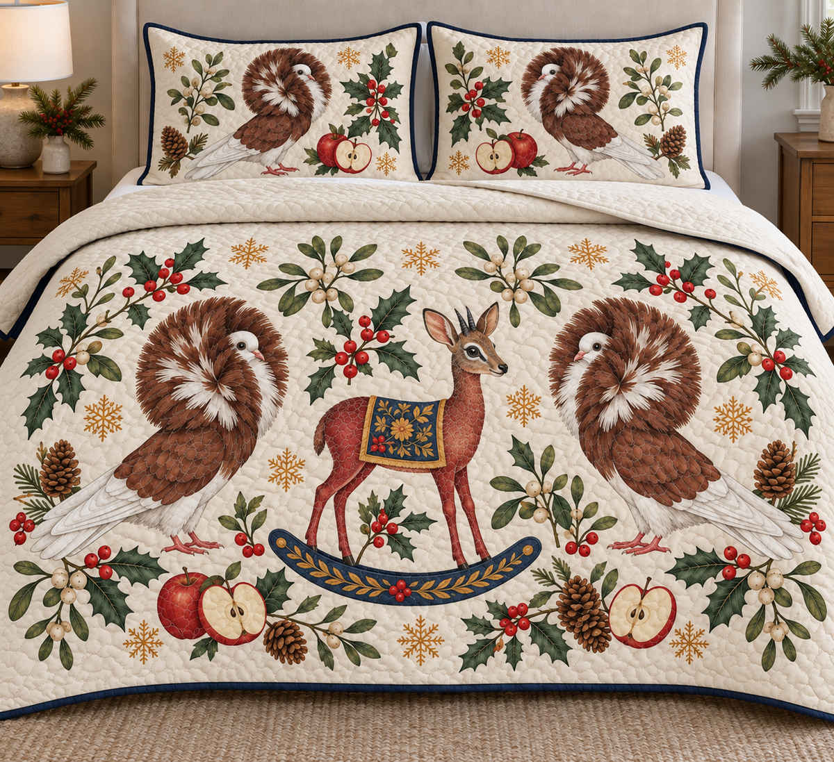Two illustrated chestnut-and-white Jacobin pigeons with circular feather hoods, pale faces and pink feet frame one cranberry toy rocking dik-dik with tiny horns, large ears, a gray-brown face, navy saddle with ochre botanical detail and navy rocker, apple halves, cedar, holly, mistletoe and ochre snowflakes on ivory with navy binding. Flat printed Christmas artwork. Includes one quilt and two matching pillow shams. Dense sewn quilting, shallow fill and natural fabric drape.