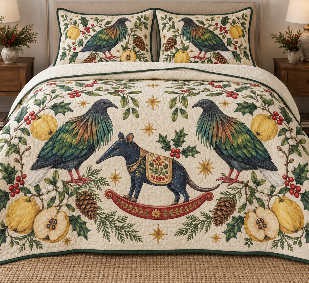 Two illustrated Nicobar pigeons with gray heads, green-copper neck hackles, green wings, white tails and red legs frame one navy toy rocking bandicoot with a pointed snout, small ears, ochre saddle and cranberry rocker, quince halves, cedar, holly, mistletoe and ochre stars on ivory with forest-green binding. Flat printed Christmas artwork. Includes one quilt and two matching pillow shams. Dense sewn quilting, shallow fill and natural fabric drape.