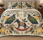 Two illustrated Nicobar pigeons with gray heads, green-copper neck hackles, green wings, white tails and red legs frame one navy toy rocking bandicoot with a pointed snout, small ears, ochre saddle and cranberry rocker, quince halves, cedar, holly, mistletoe and ochre stars on ivory with forest-green binding. Flat printed Christmas artwork. Includes one quilt and two matching pillow shams. Dense sewn quilting, shallow fill and natural fabric drape.