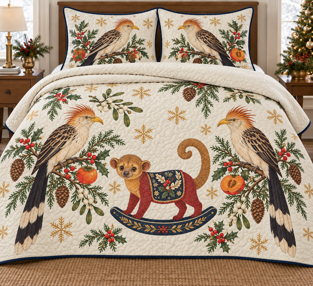 Two illustrated guira cuckoos with shaggy buff crests, yellow bills, streaked brown backs and cream-tipped long tails frame one cranberry toy rocking kinkajou with a golden-brown head, rounded ears, golden curled tail, navy saddle with ochre botanical detail and navy rocker, persimmon halves, cedar, holly, mistletoe and ochre snowflakes on ivory with navy binding. Flat printed Christmas artwork. Includes one quilt and two matching pillow shams. Dense sewn quilting, shallow fill and natural fabric drape.