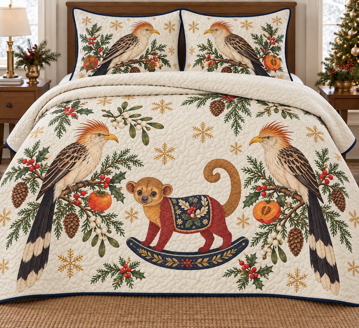 Two illustrated guira cuckoos with shaggy buff crests, yellow bills, streaked brown backs and cream-tipped long tails frame one cranberry toy rocking kinkajou with a golden-brown head, rounded ears, golden curled tail, navy saddle with ochre botanical detail and navy rocker, persimmon halves, cedar, holly, mistletoe and ochre snowflakes on ivory with navy binding. Flat printed Christmas artwork. Includes one quilt and two matching pillow shams. Dense sewn quilting, shallow fill and natural fabric drape.