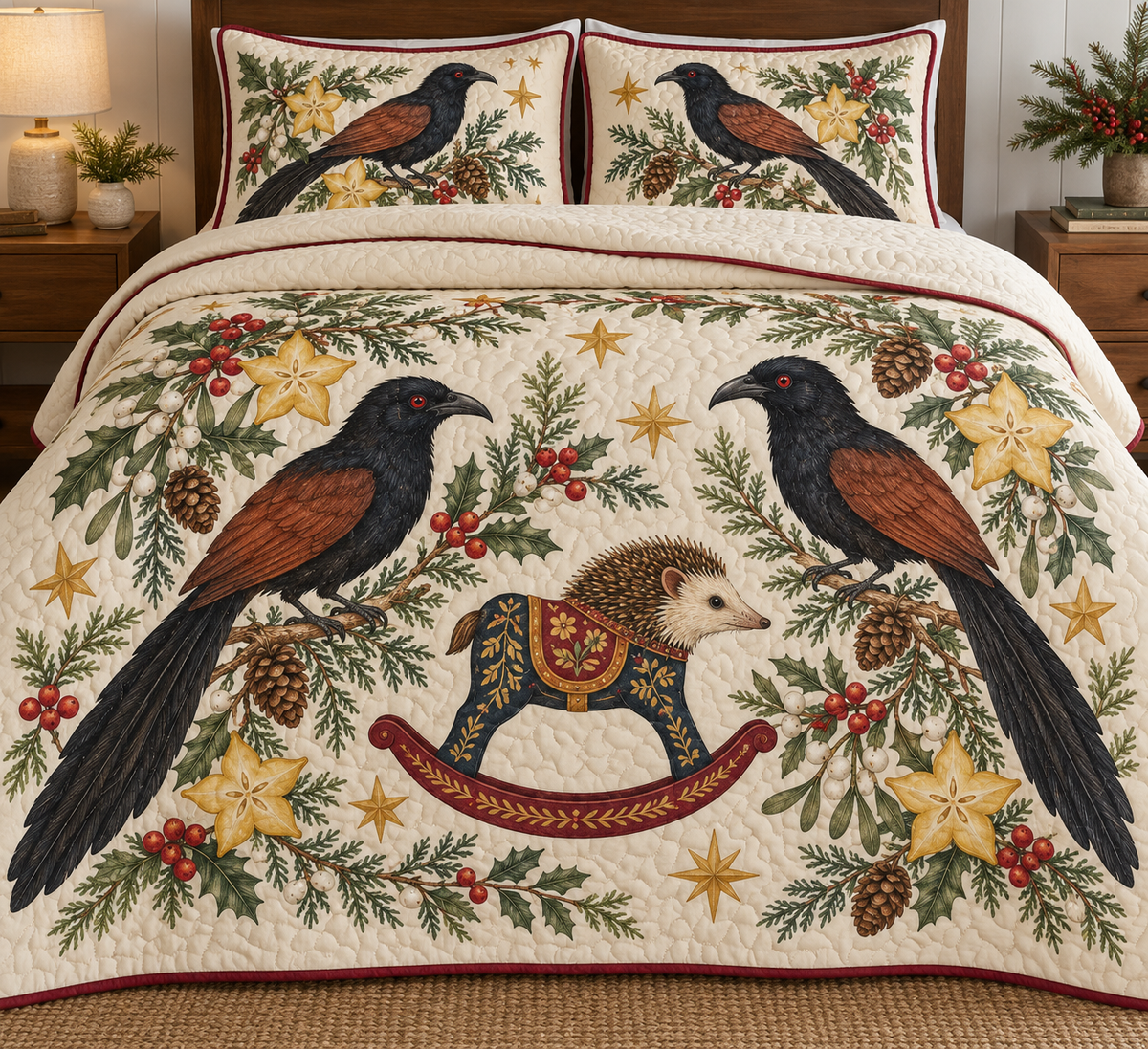 Two illustrated greater coucals with black plumage, chestnut wings, red eyes and long tails frame one navy toy rocking tenrec with a cream face, brown spiny head, cranberry saddle with ochre botanical detail and cranberry rocker, starfruit sections, cedar, holly, mistletoe and ochre stars on ivory with cranberry binding. Flat printed Christmas artwork. Includes one quilt and two matching pillow shams. Dense sewn quilting, shallow fill and natural fabric drape.