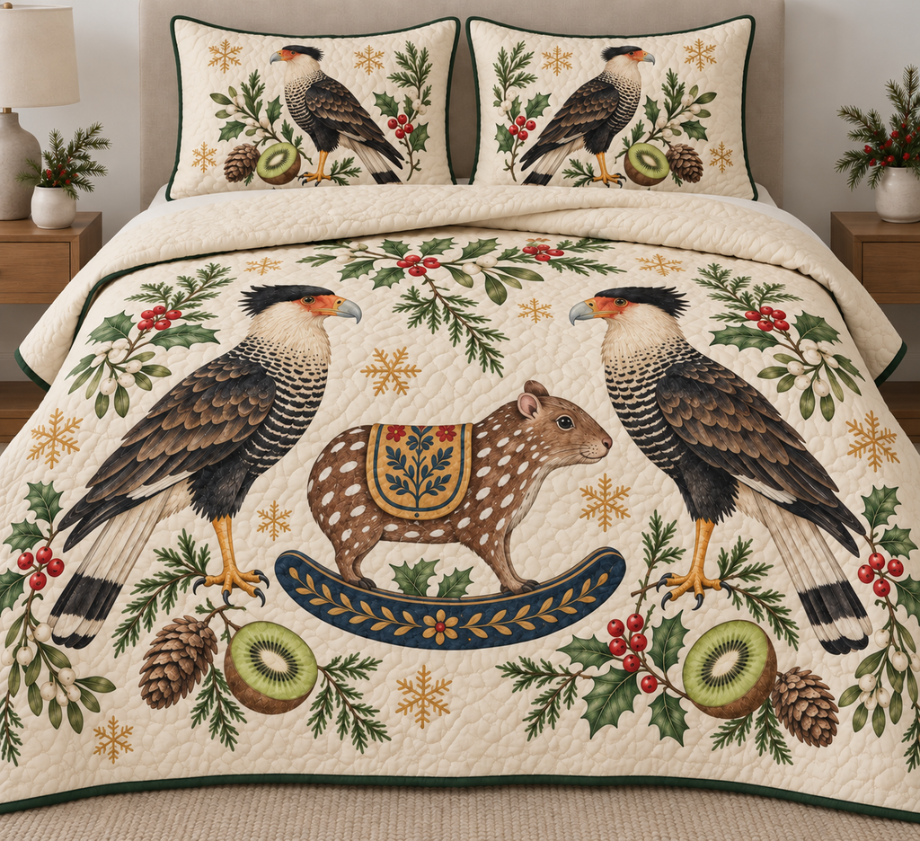 Two illustrated crested caracaras with black caps, orange faces, cream barred necks, dark wings and yellow legs frame one brown white-spotted toy rocking paca with rounded ears, ochre botanical saddle and navy rocker, kiwi halves, cedar, holly, mistletoe and ochre snowflakes on ivory with forest-green binding. Flat printed Christmas artwork. Includes one quilt and two matching pillow shams. Dense sewn quilting, shallow fill and natural fabric drape.