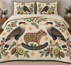 Two illustrated crested caracaras with black caps, orange faces, cream barred necks, dark wings and yellow legs frame one brown white-spotted toy rocking paca with rounded ears, ochre botanical saddle and navy rocker, kiwi halves, cedar, holly, mistletoe and ochre snowflakes on ivory with forest-green binding. Flat printed Christmas artwork. Includes one quilt and two matching pillow shams. Dense sewn quilting, shallow fill and natural fabric drape.