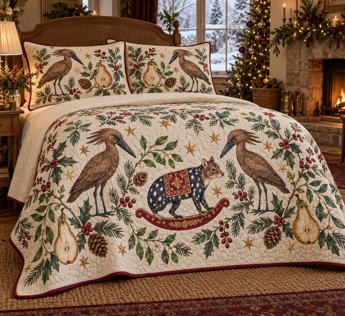 Ivory quilt and two matching shams with brown hamerkops, a spotted rocking quoll, pears and Christmas botanicals, cranberry binding and dense sewn channels. Styled in a warm Christmas bedroom; furniture and decorations not included.