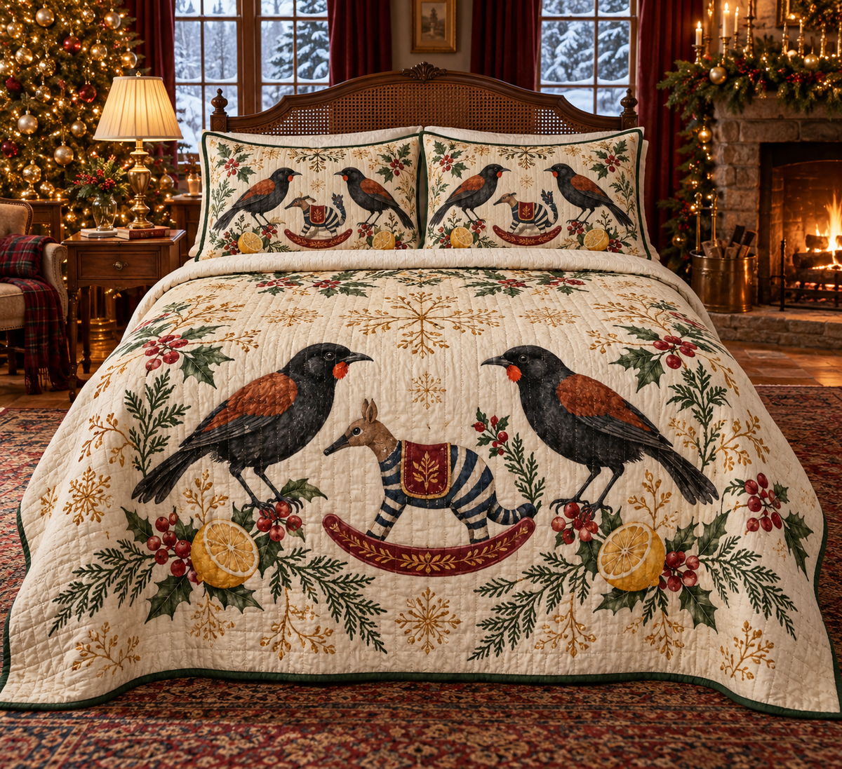 Saddleback Lemon Rocking Numbat quilt and two matching pillow shams, flat printed black chestnut birds, striped rocking numbat and lemons, green binding sewn quilting and folded reverse, in a warm Christmas bedroom.