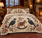 Tui Fig Rocking Potoroo quilt and two botanical pillow shams, flat printed iridescent birds white throat tufts brown rocking potoroo figs navy binding sewn quilting folded reverse, in a warm Christmas bedroom.