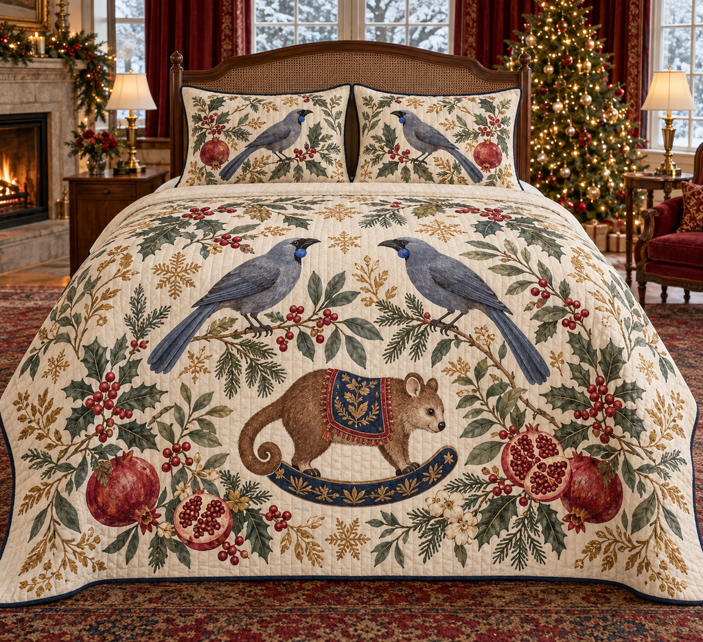 Kokako Pomegranate Rocking Cuscus quilt and two matching pillow shams with flat printed blue-gray birds blue wattles brown rocking cuscus pomegranates navy binding sewn channels folded reverse in a warm Christmas bedroom.