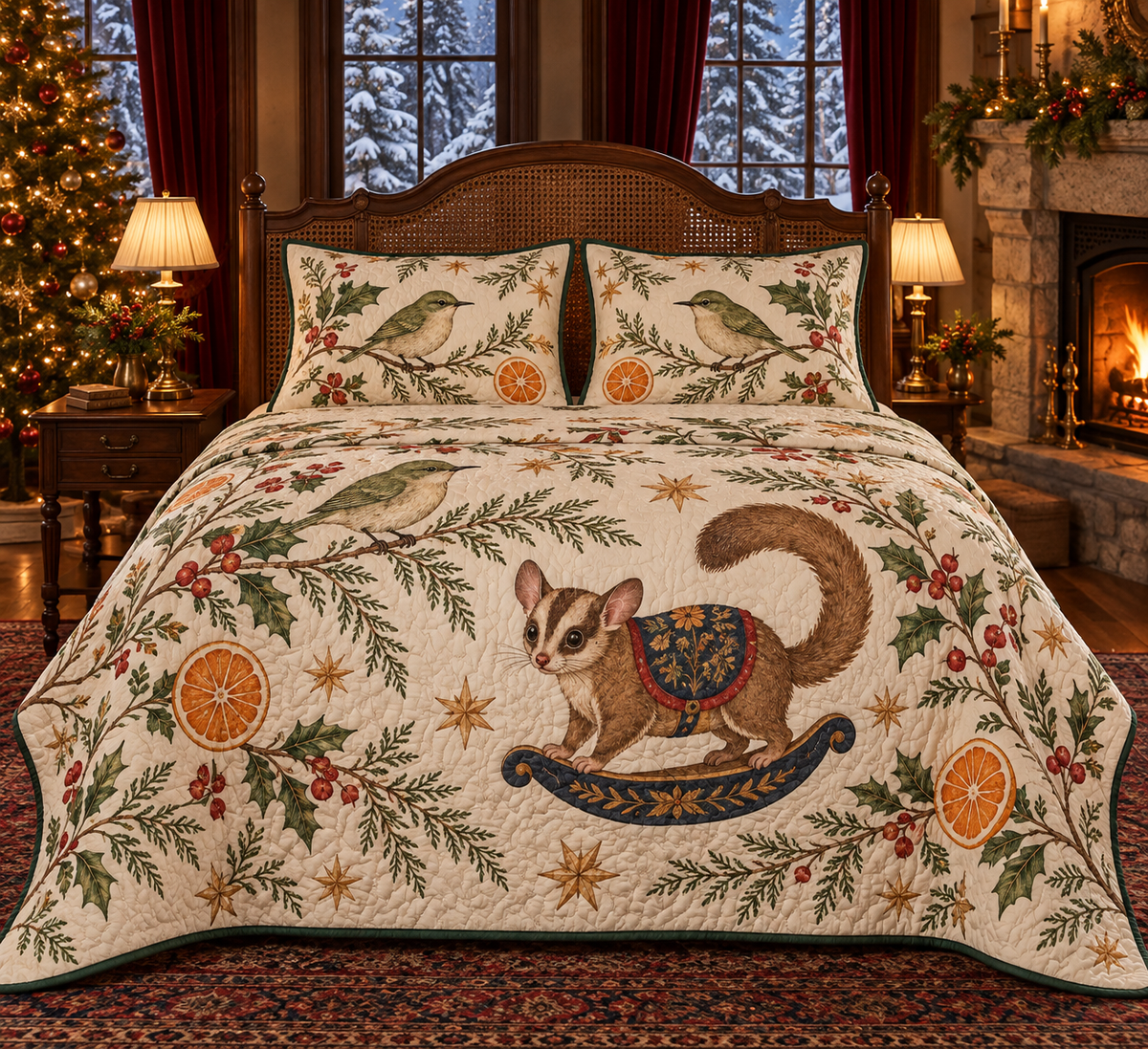 Rifleman Orange Rocking Sugar Glider quilt and two matching bird shams flat printed green bird brown rocking sugar glider oranges green binding sewn channels natural drape in a warm Christmas bedroom.