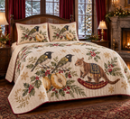 Stitchbird Quince Rocking Tree Kangaroo quilt and two matching shams flat printed black yellow olive birds brown rocking tree kangaroo quince cranberry binding sewn channels natural drape in warm Christmas bedroom.