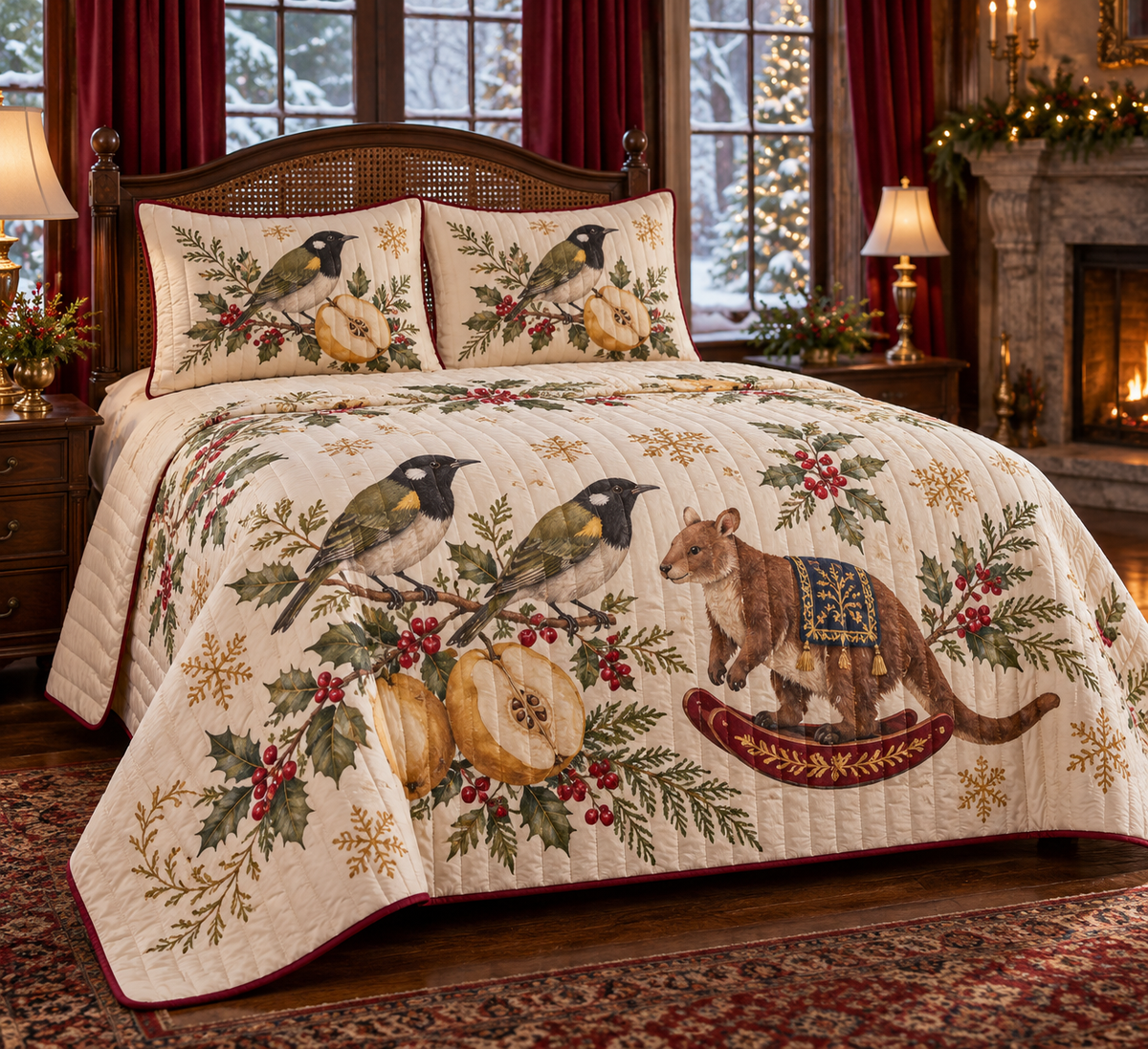 Stitchbird Quince Rocking Tree Kangaroo quilt and two matching shams flat printed black yellow olive birds brown rocking tree kangaroo quince cranberry binding sewn channels natural drape in warm Christmas bedroom.