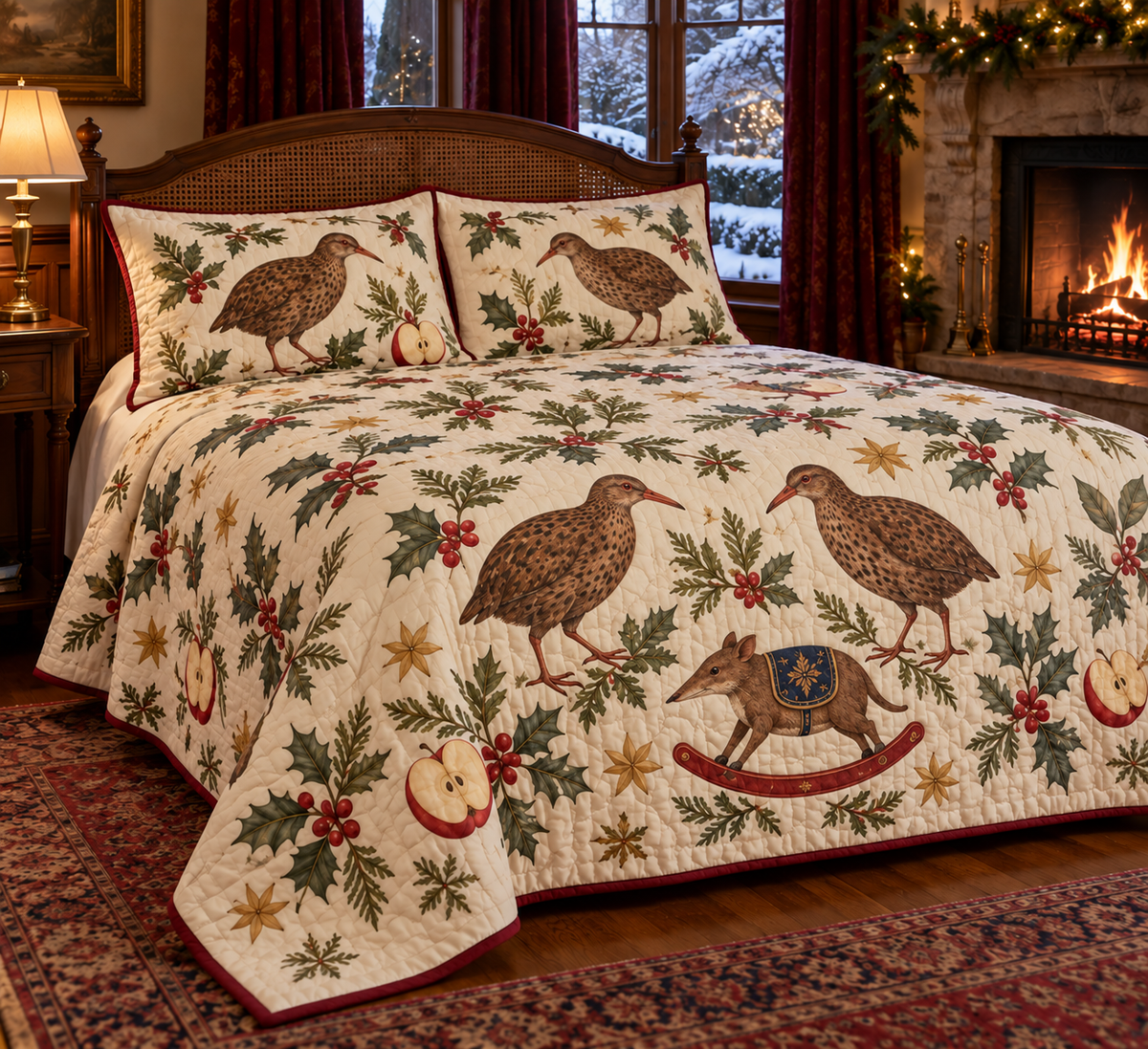 Weka Apple Rocking Quenda quilt and two matching shams flat printed brown weka birds pointed-snouted rocking quenda apples cranberry binding clear sewn channels natural drape in warm Christmas bedroom.