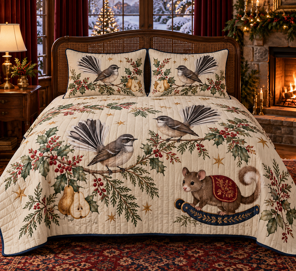 Fantail Pear Rocking Ringtail Possum quilt and two matching shams flat printed fanned-tail birds brown rocking possum pears navy binding sewn channels natural drape in warm Christmas bedroom.