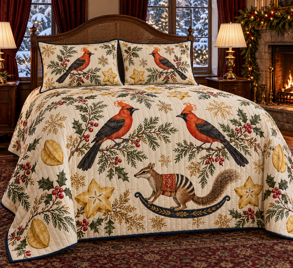 Satinbird Starfruit Rocking Numbat quilt and two matching shams flat printed orange-red black-wing birds striped brown rocking numbat starfruit navy binding sewn channels in warm Christmas bedroom.