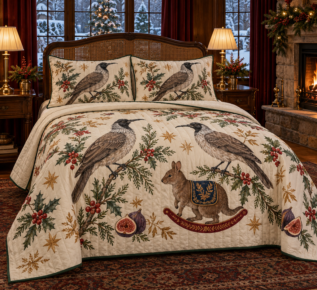 Friarbird Fig Rocking Pademelon quilt and two matching shams flat printed gray brown dark-headed birds brown rocking pademelon figs green binding sewn channels natural drape in warm Christmas bedroom.