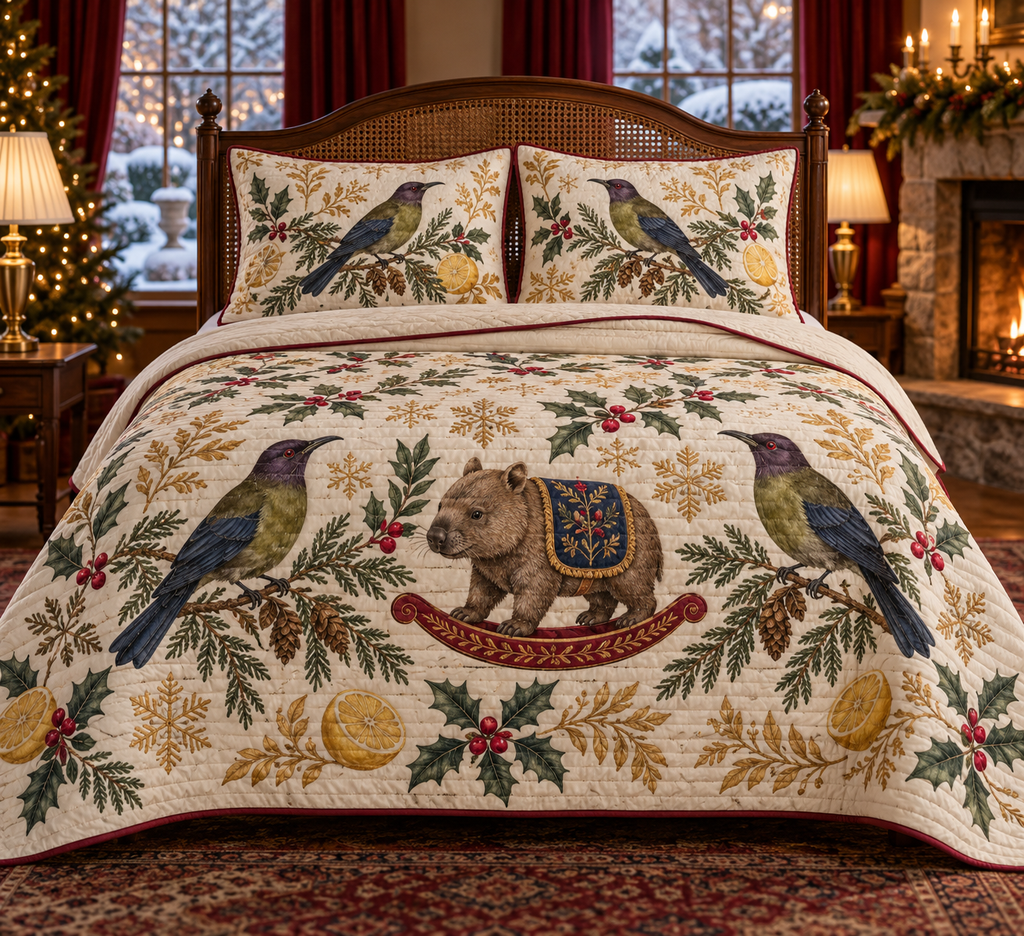 Bellbird Lemon Rocking Wombat quilt and two matching shams flat printed olive purple-headed birds brown rocking wombat lemons cranberry binding sewn channels folded reverse in warm Christmas bedroom.