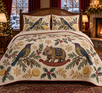 Bellbird Lemon Rocking Wombat quilt and two matching shams flat printed olive purple-headed birds brown rocking wombat lemons cranberry binding sewn channels folded reverse in warm Christmas bedroom.