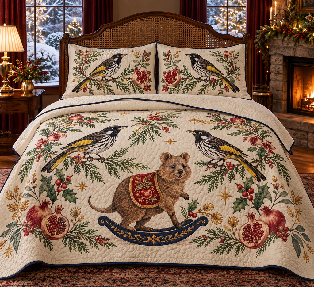 Honeyeater Pomegranate Rocking Quokka quilt and two matching shams flat printed black white yellow-wing birds brown rocking quokka pomegranates navy binding sewn channels folded reverse in Christmas bedroom.