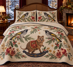 Honeyeater Pomegranate Rocking Quokka quilt and two matching shams flat printed black white yellow-wing birds brown rocking quokka pomegranates navy binding sewn channels folded reverse in Christmas bedroom.